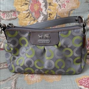 Coach Madison Op Art Signature Sateen large wristlet in gray and lime green EUC